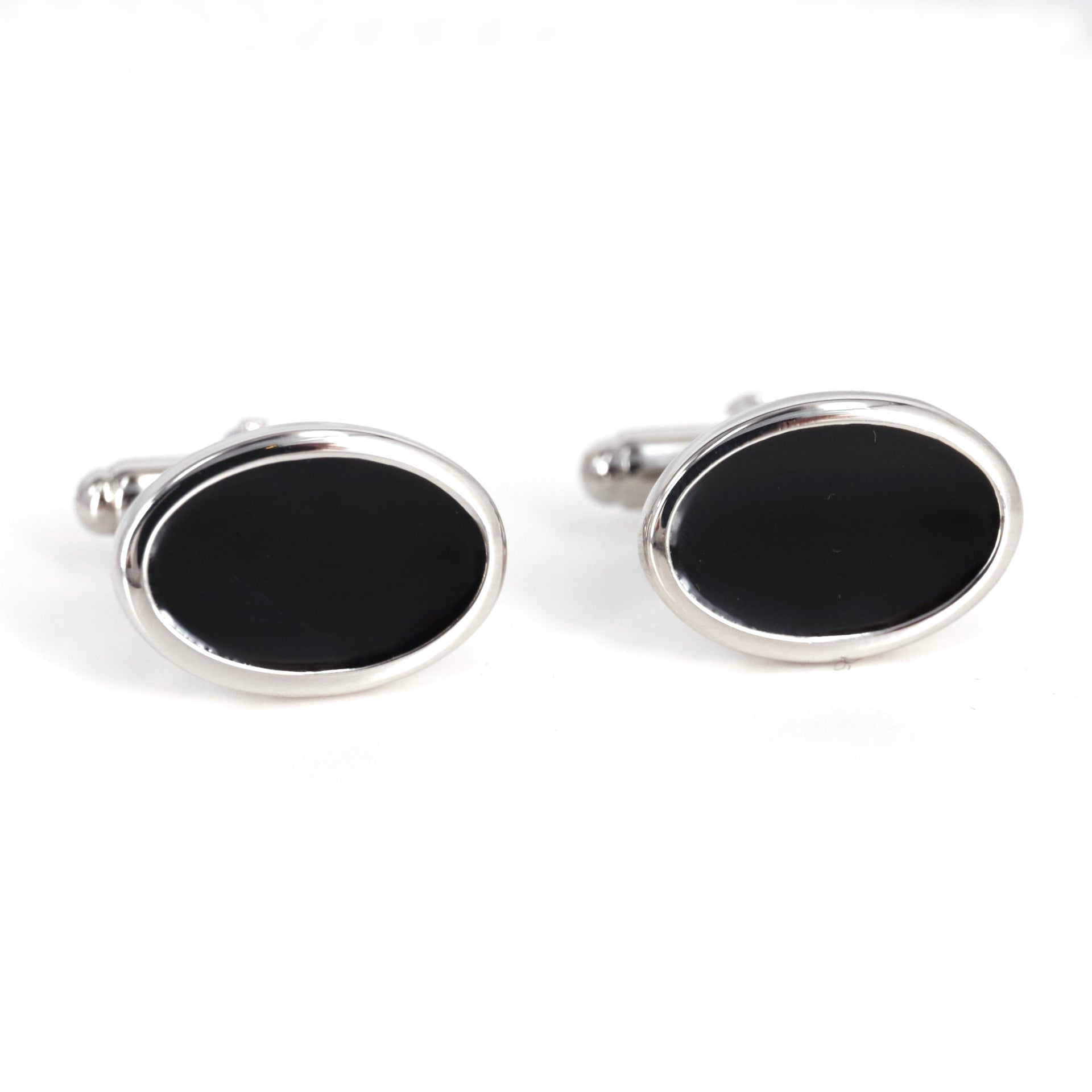 Silver Oval Cufflinks with Black Enamel