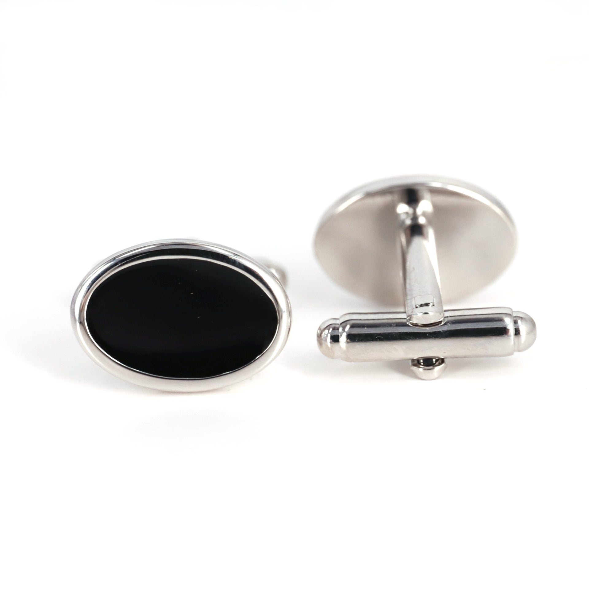 Silver Oval Cufflinks with Black Enamel