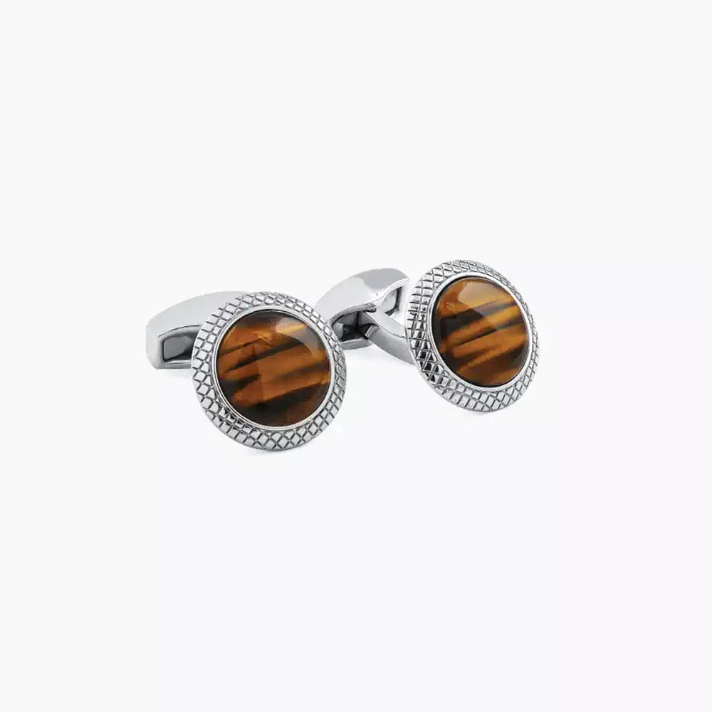 Bullseye Semi Precious Cufflinks in Rhodium & Tiger Eye