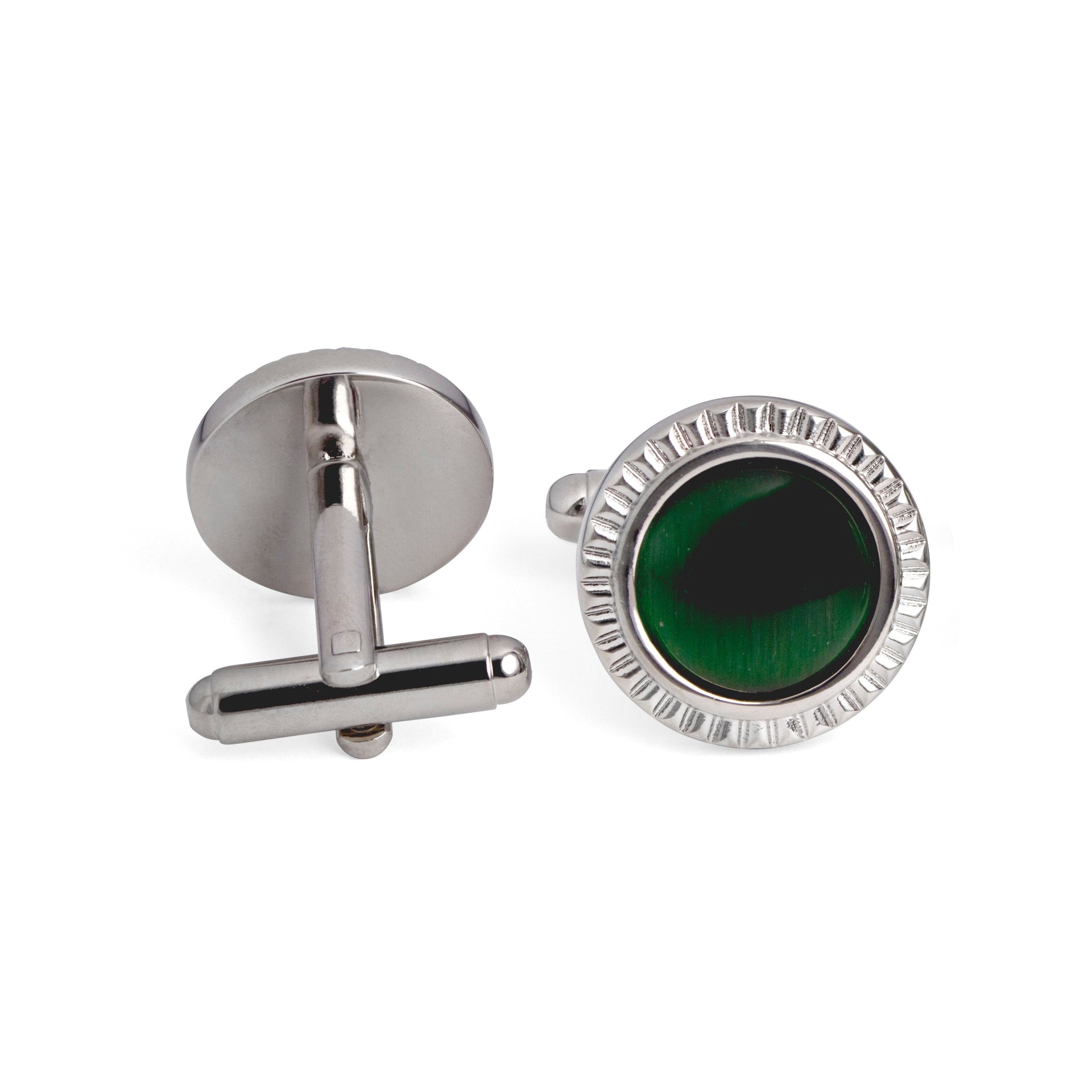 Marzthomson Faceted Round Bezel with Fibre Optic Glass Cufflink in Green