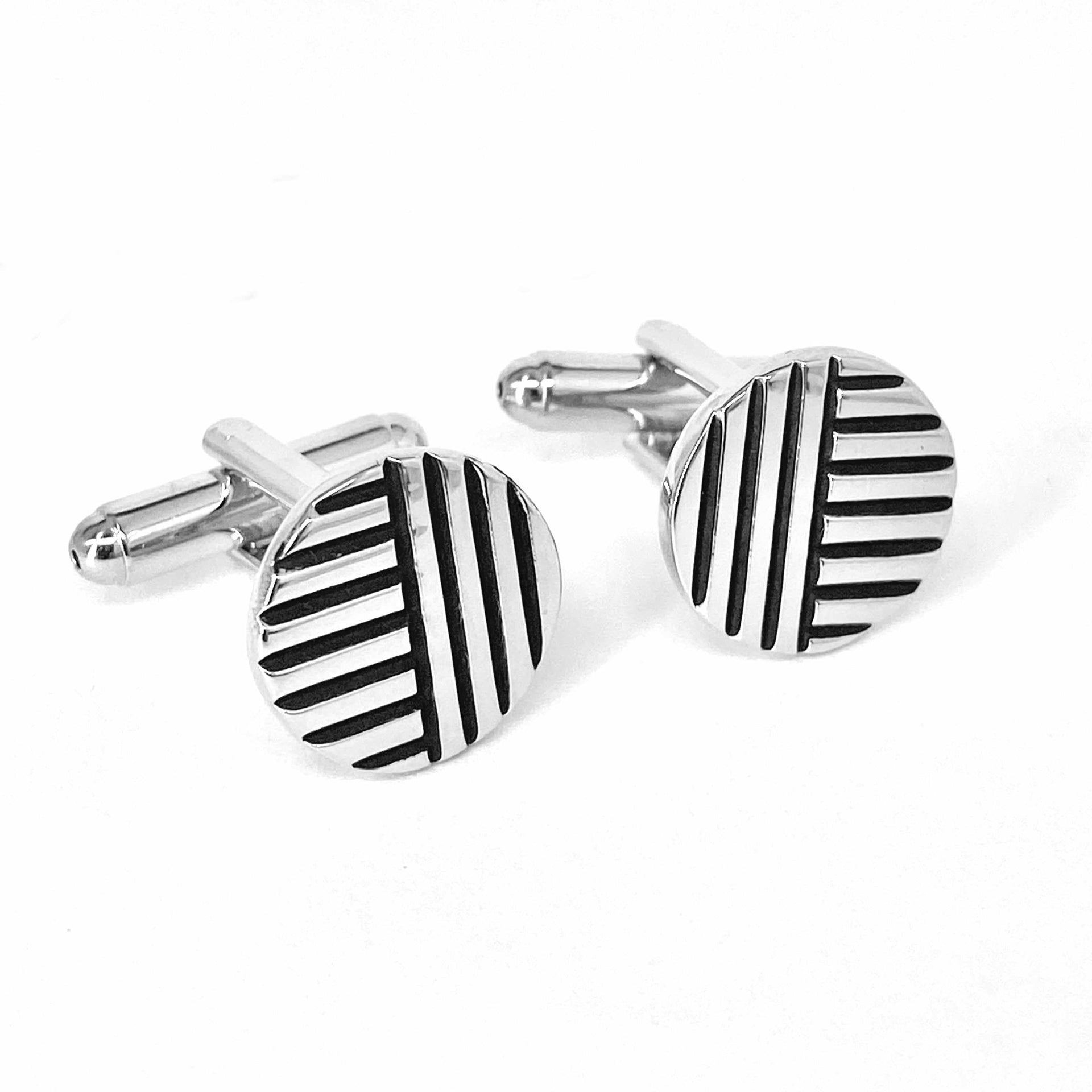 Silver Round with vertical and horizontal stripe Cufflinks